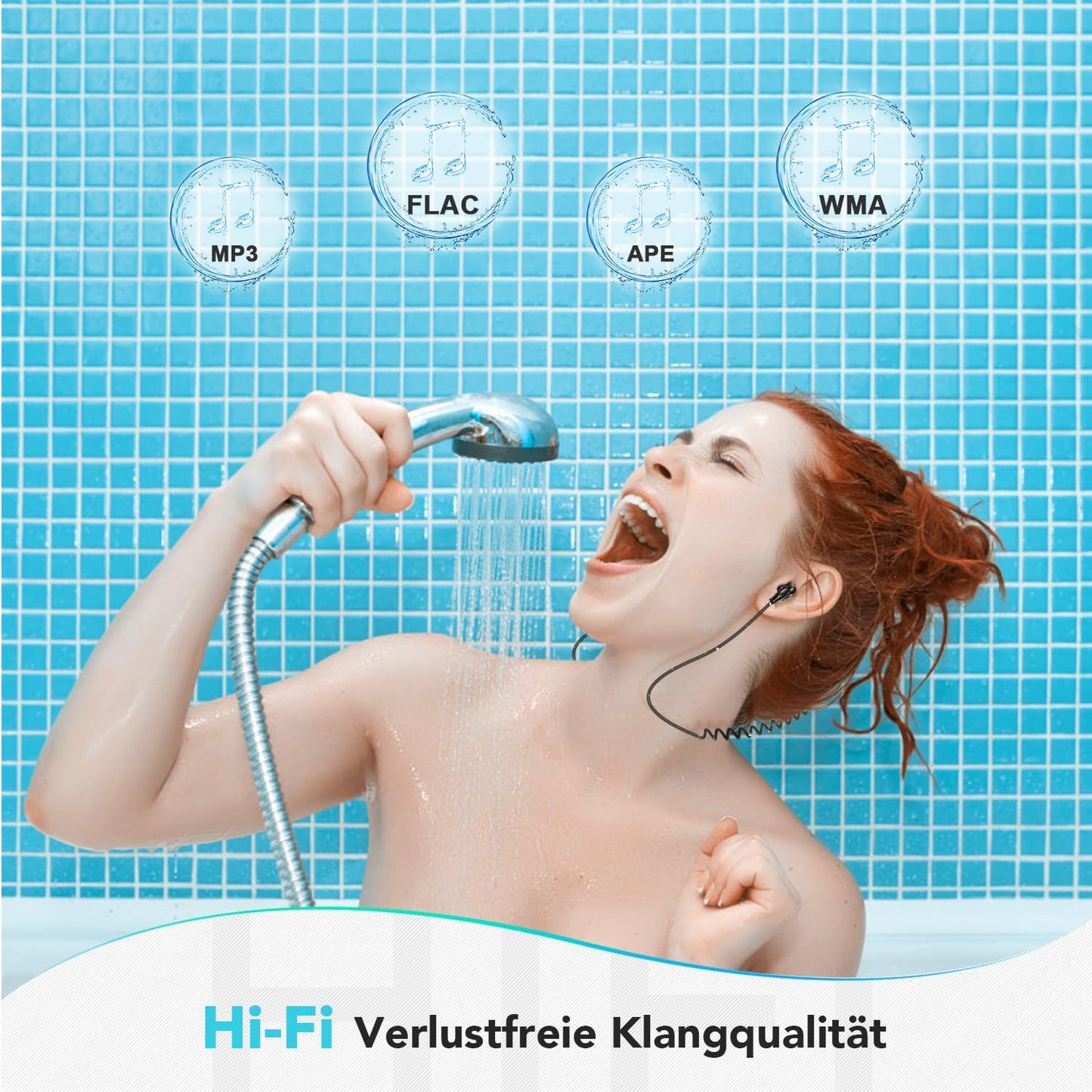 AGPTEK IPX8 Waterproof MP3 Player, 8GB HiFi MP3 Music Player for Swimming and Running, with waterproof headphones, audio cable, and 3 pairs of ear tips (L/M/S), supports FM, shuffle function, Blue.