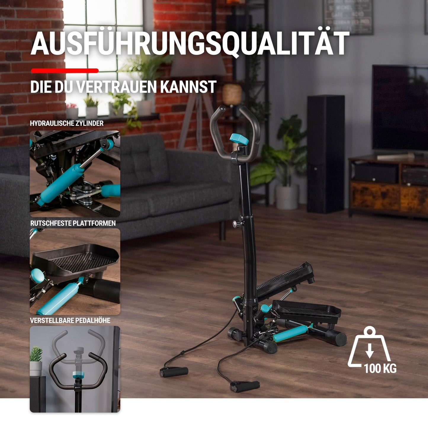 Hop-Sport stepper noble blue with handlebar, training computer & expanders for home, stable & compact, ideal for fitness & cardio workouts, max. user weight 100 kg.