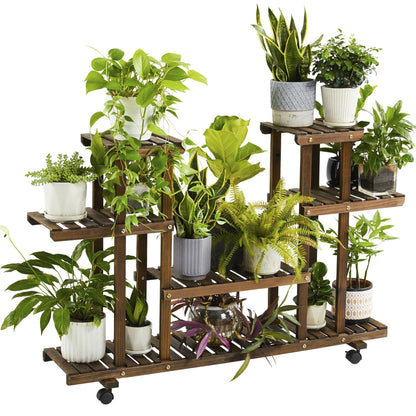 Yaheetech Plant Stand with Wheels, 4-Tier Plant Shelf for Balcony, Flower Stand, Flower Steps, Solid Wood, for Indoor & Outdoor, 124 x 33 x 80 cm.