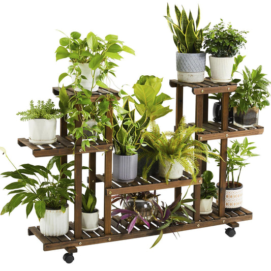 Yaheetech Plant Stand with Wheels, 4-Tier Plant Shelf for Balcony, Flower Stand, Flower Steps, Solid Wood, for Indoor & Outdoor, 124 x 33 x 80 cm.