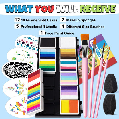 Children's makeup, split cake palette for face and body paint, carnival makeup for kids, Halloween face makeup set, body painting colors, carnival makeup set for girls.
