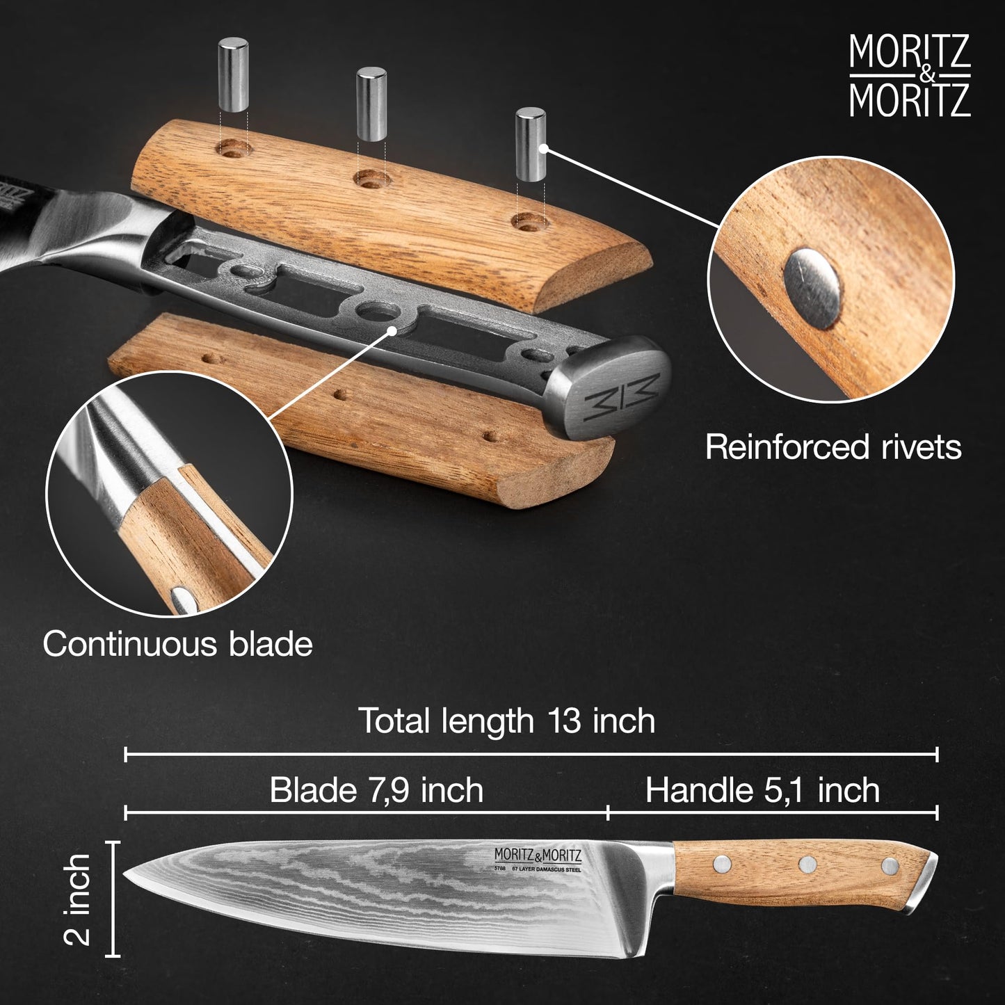 Moritz & Moritz Damascus knife 20 cm - Professional chef's knife made of 67 layers of Damascus steel - Sharp kitchen knife - Japanese chef's knife - Ergonomic handle made of acacia wood - Damascus knife steel
