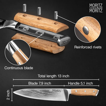 Moritz & Moritz Damascus knife 20 cm - Professional chef's knife made of 67 layers of Damascus steel - Sharp kitchen knife - Japanese chef's knife - Ergonomic handle made of acacia wood - Damascus knife steel
