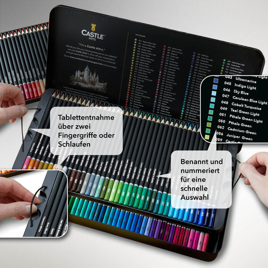 Castle Art Supplies 120 Colored Pencil Set | High-quality color cores for professionals, experienced artists, and color enthusiasts | Protected and organized in a tin presentation box