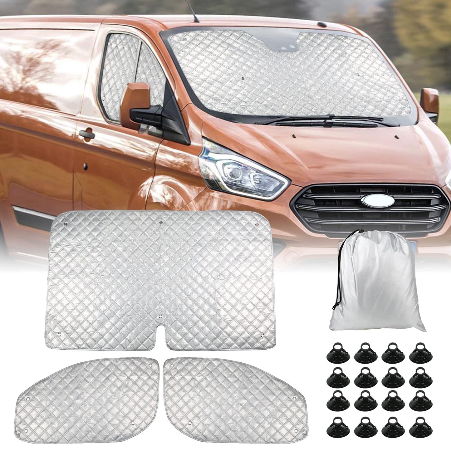 Opaltool thermal mat for driver's cabin interior for Ford Transit Custom 2012-2025, 3-piece UV & water protection sunshade for privacy & temperature control in motorhome.