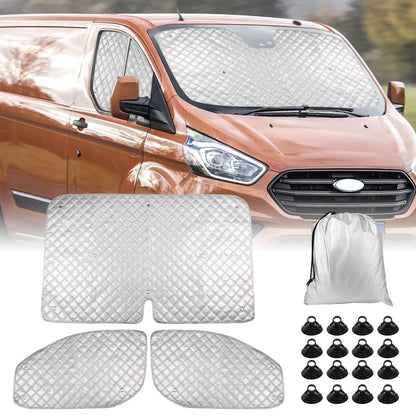 Opaltool thermal mat for driver's cabin interior for Ford Transit Custom 2012-2025, 3-piece UV & water protection sunshade for privacy & temperature control in motorhome.