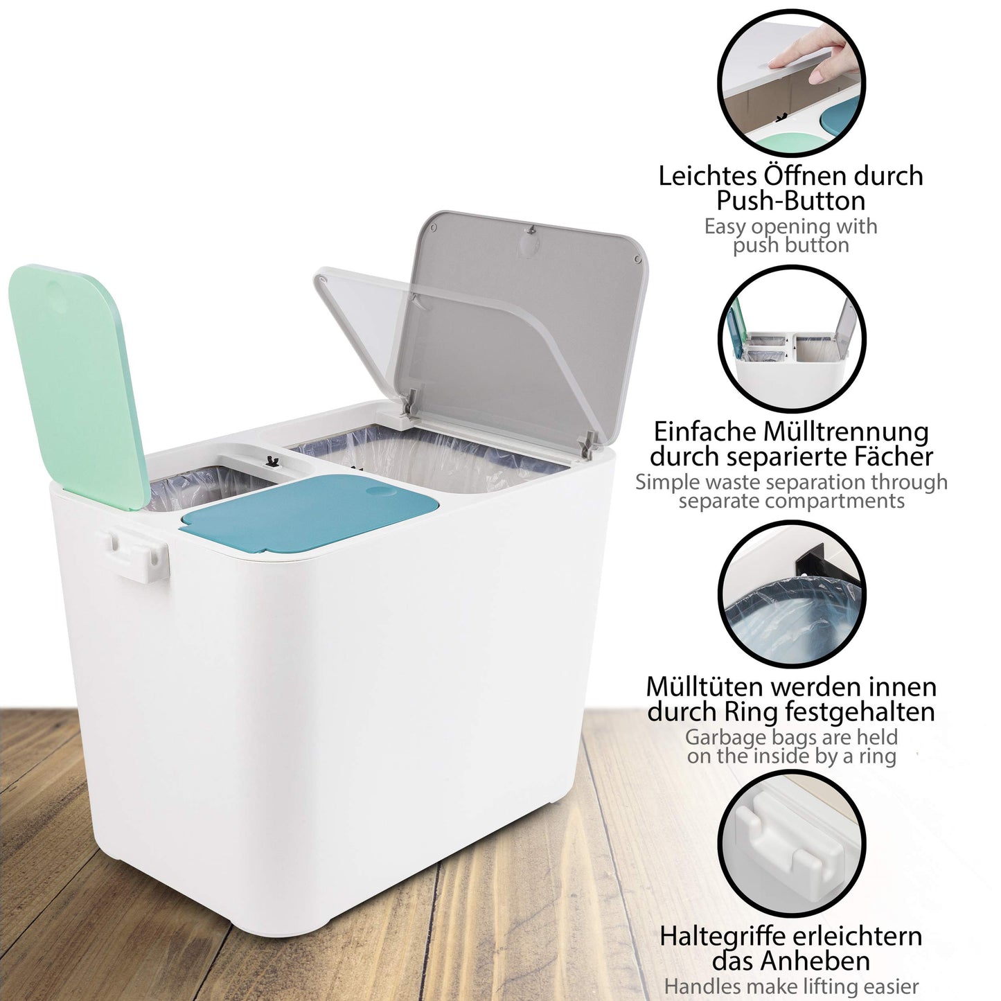 ONVAYA® Waste Separation System Tom | Waste separation with multiple compartments | Trash can in cream-white | Waste bin for kitchen & bathroom (36 liters, Gray-Mint-Petrol)
