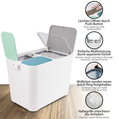 ONVAYA® Waste Separation System Tom | Waste separation with multiple compartments | Trash can in cream-white | Waste bin for kitchen & bathroom (36 liters, Gray-Mint-Petrol)