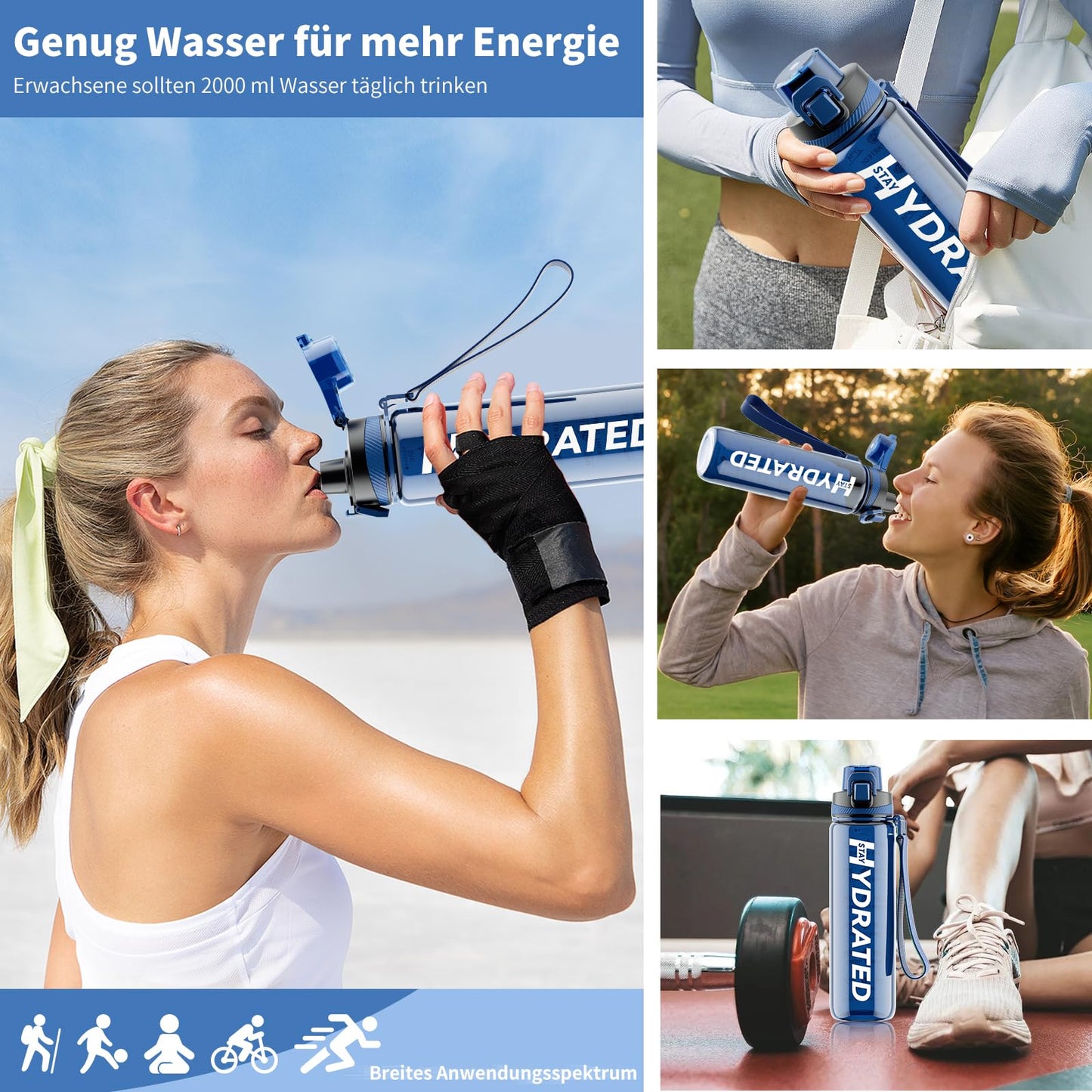 Mevoly 750ML water bottle, BPA-Free Tritan sports bottle with time markings. Leak-proof for fitness, outdoor, gym, school.