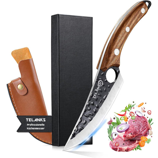 TELANX 6-inch Japanese Kitchen Knife Forged - Professional kitchen knife with leather cover, finger hole & wooden handle, sharp chef's knife for meat, vegetables & grill.