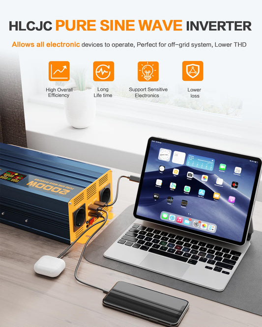 2000 Watt inverter 12V to 230V Pure sine wave power inverter with LCD display 1 Type-C PD60W 3 USB-A QC3.0 fast charging ports 2 EU outlets 2 remote controls for solar system camper truck car