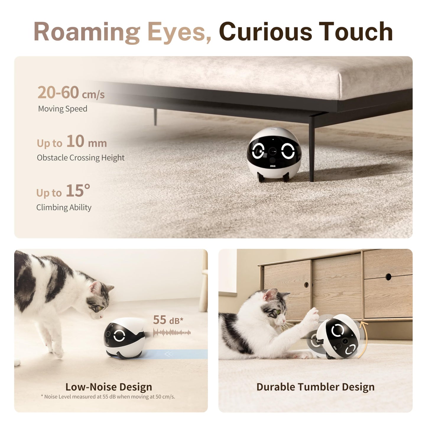 Enabot EBO ROLA Mini 2K Pet Camera Robot: Portable indoor camera with battery and phone app, one-touch call, 2-way audio, IR night vision, motion detection, video recording.