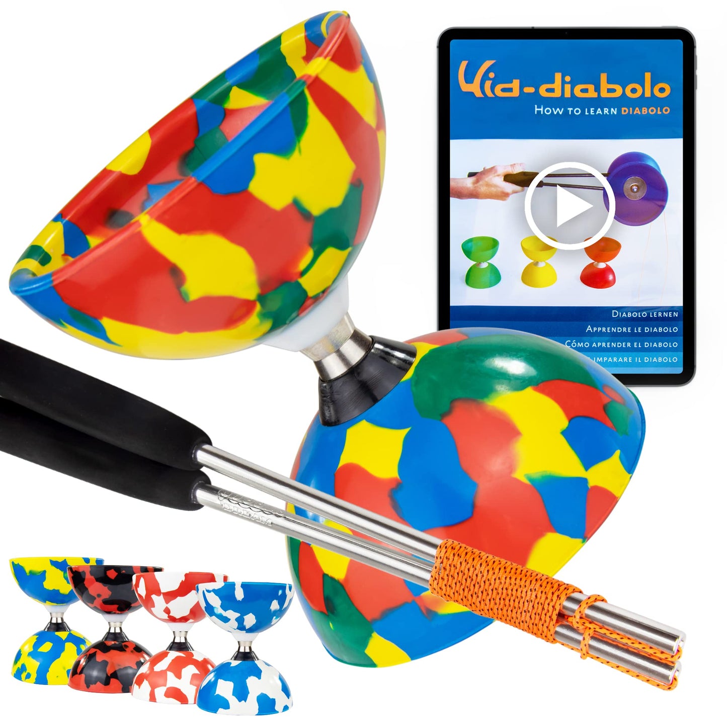 Juggle Dream Jester Diabolo Set - ball bearing axle professional diabolo with aluminum handsticks and online learning video - juggling toy (multicolor)