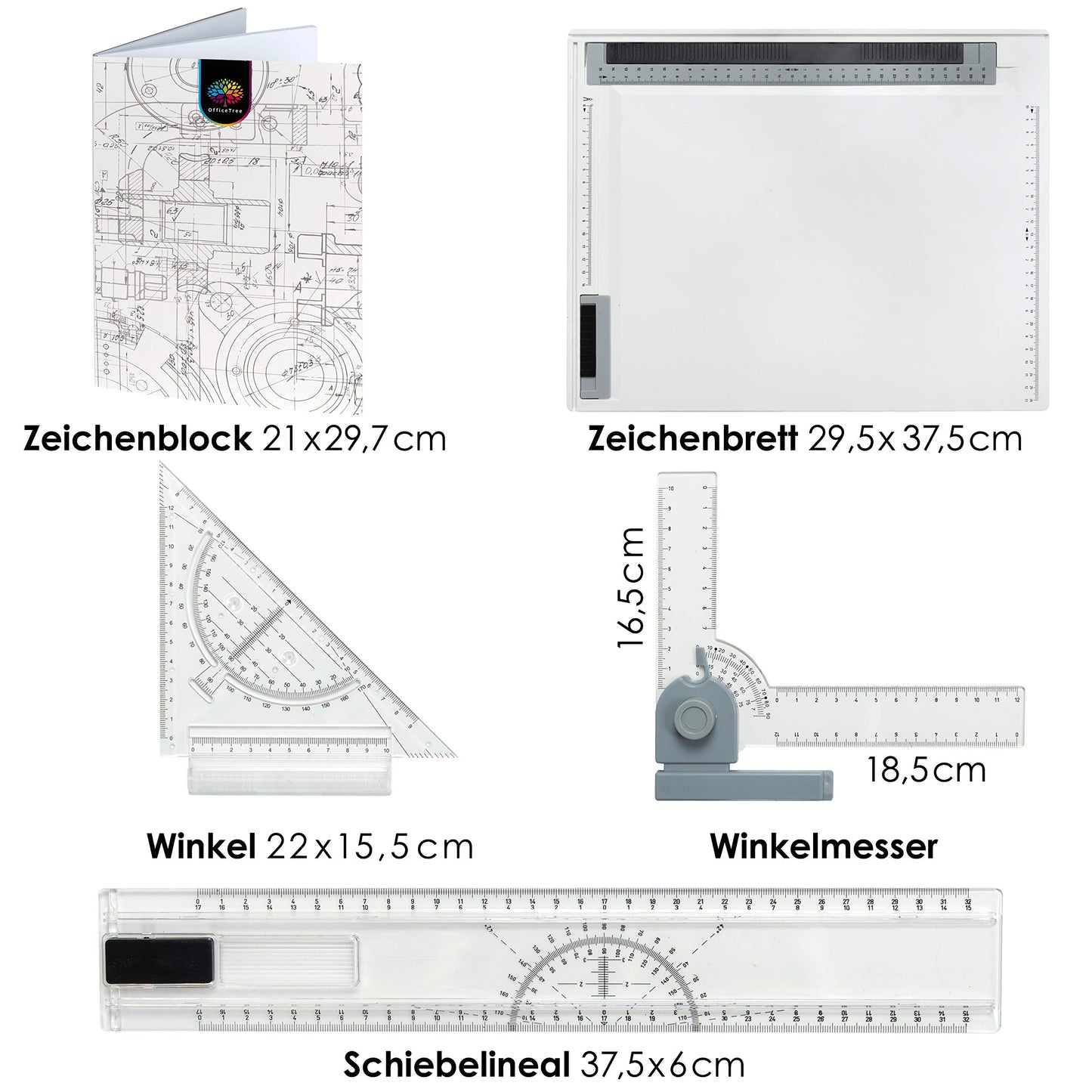 OfficeTree drawing board A4 - Includes carrying case, sliding ruler, set square, and more - A4 drawing board for precise work - DIN A4 drawing board, white
