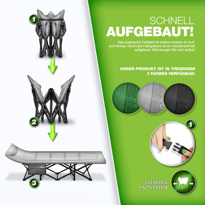 tillvex® Folding Camping Bed with Carry Bag, supports up to 200 kg. Extra wide sleeping cot for outdoor & indoor use. Perfect for camping, fishing, festivals, and travel. Foldable guest bed for the garden.