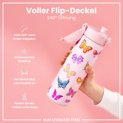 ion8 600ml stainless steel water bottle. Non-insulated, leak-proof, one-handed opening, secure locking, dishwasher safe, flip lid, carrying handle. Easy to clean, butterfly design.