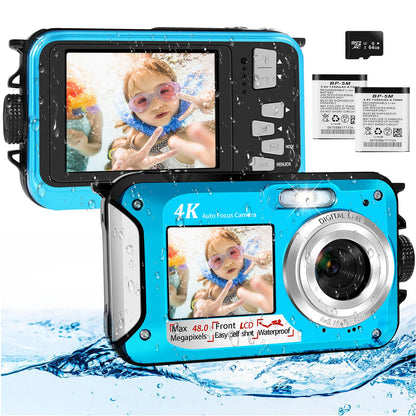 4K underwater camera with 64GB card, 48MP underwater camera with autofocus & HD dual selfie display, 3.5m waterproof camera, waterproof digital camera for kids & snorkeling (2 batteries)