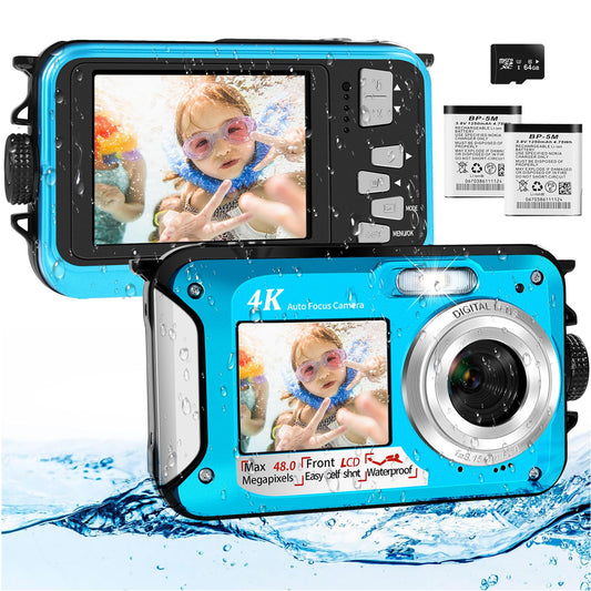 4K underwater camera with 64GB card, 48MP underwater camera with autofocus & HD dual selfie display, 3.5m waterproof camera, waterproof digital camera for kids & snorkeling (2 batteries)