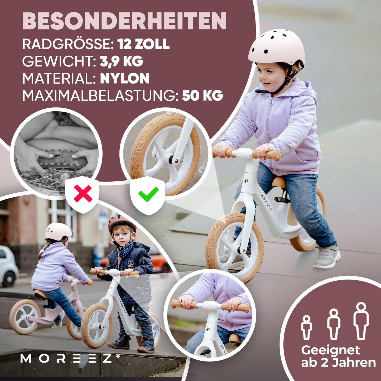MOREEZ® balance bike from 2 years [2-5 years] Ultra-light children's balance bike with fall protection, ergonomic seat, 50kg puncture-proof 12-inch wheels, footrest, height-adjustable for girls and boys in white