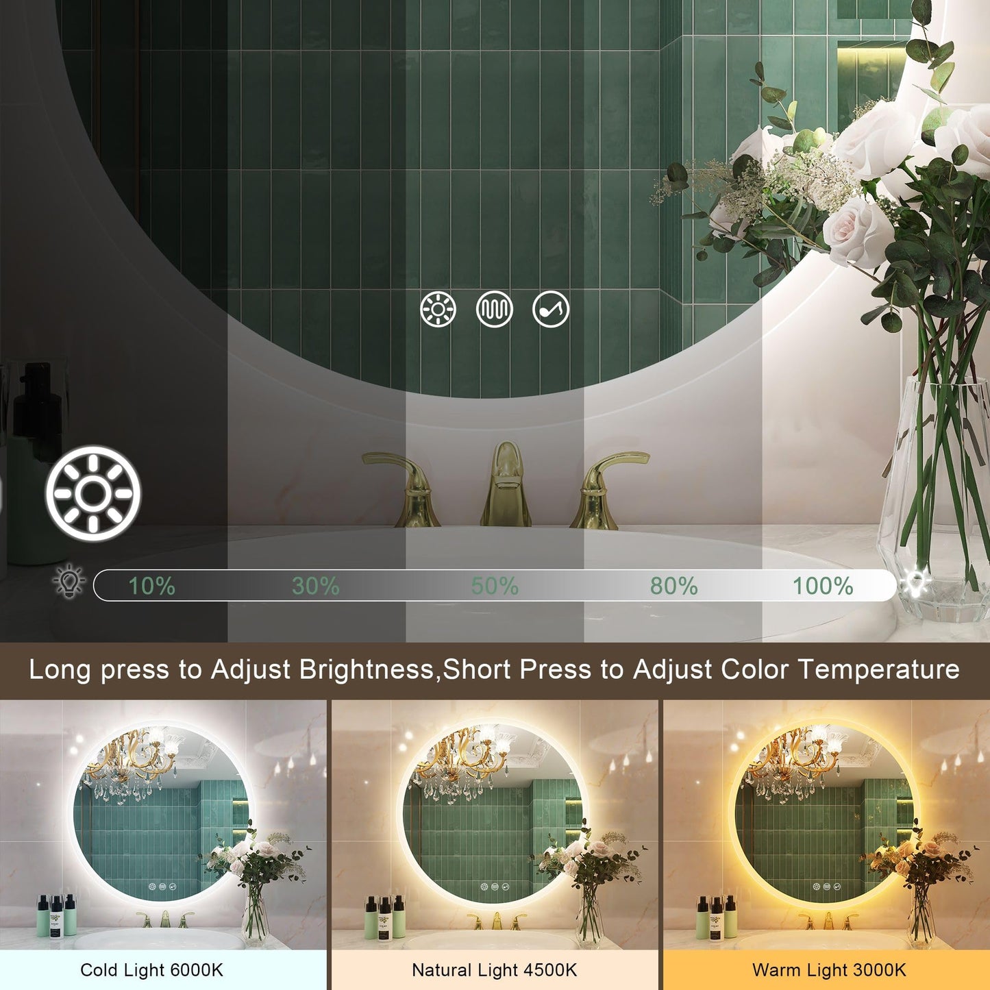 STARLEAD 80cm Round Bathroom Mirror with LED, Bluetooth, Dimmable, 3 Color Temperature, Defogger, Memory Function, HD Tempered Glass, IP44 Waterproof