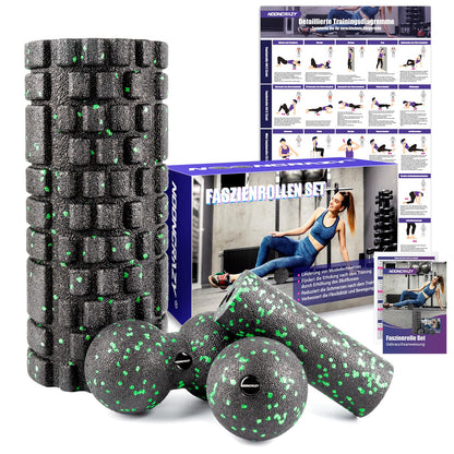 Fascia roller set, set with 3D texture massage fascia roller, mini fascia roller, fascia ball, and duo ball. Fascia set for training muscles, connective tissue, and metabolism, with training posters.
