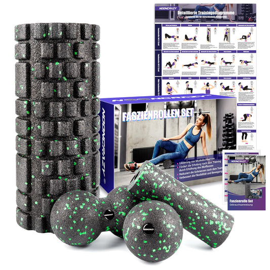 Fascia roller set, set with 3D texture massage fascia roller, mini fascia roller, fascia ball, and duo ball. Fascia set for training muscles, connective tissue, and metabolism, with training posters.