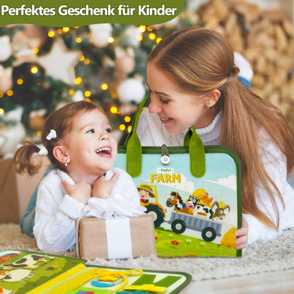 Busy Board German Montessori for 2 3 years, 10 in 1 Montessori toy Activity Board motor skills toy & educational toy for 2 3 4 5 years, Farm Busy Book toddler toy for long trips.