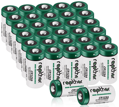 Rapthor 32-pack 1650mAh CR123A 3V lithium battery CR123 / 123A / CR17345 for Arlo camera flashlight high capacity with PTC protection [Non-rechargeable]