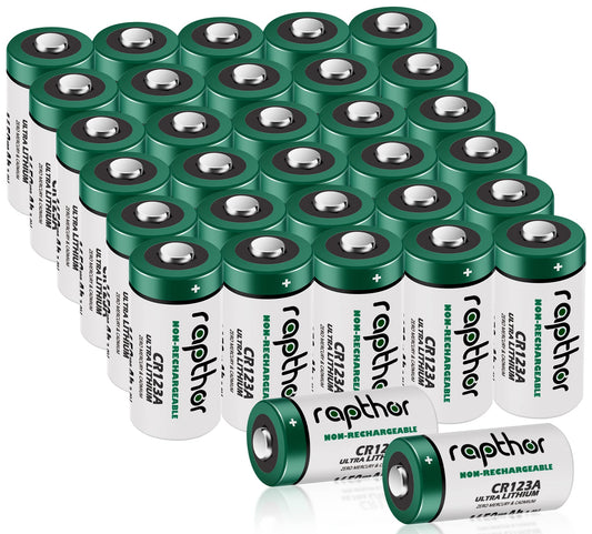 Rapthor 32-pack 1650mAh CR123A 3V lithium battery CR123 / 123A / CR17345 for Arlo camera flashlight high capacity with PTC protection [Non-rechargeable]
