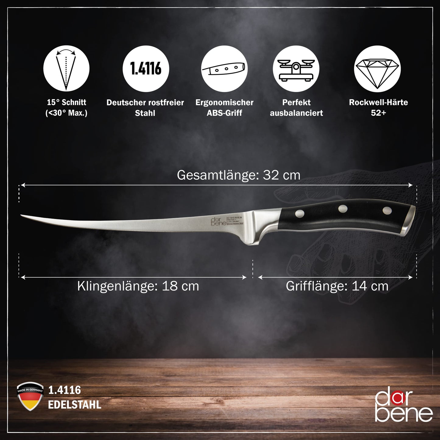 DarBene C-Series 3-piece professional kitchen knife set made of German stainless steel, includes 18cm fillet knife, 20cm chef's knife, and 18cm Santoku knife. Extremely sharp blades, ergonomic ABS handle, and can be sharpened.
