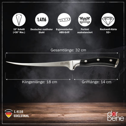 DarBene C-Series 3-piece professional kitchen knife set made of German stainless steel, includes 18cm fillet knife, 20cm chef's knife, and 18cm Santoku knife. Extremely sharp blades, ergonomic ABS handle, and can be sharpened.
