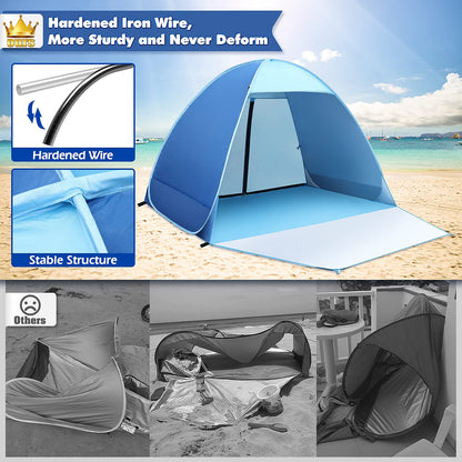 Pop-up beach tent, 2-3 person family tent with UV protection UPF 50+. Beach tent with zipper backdoor, front door with buckles. Compact size for sun protection at the beach or in the garden.