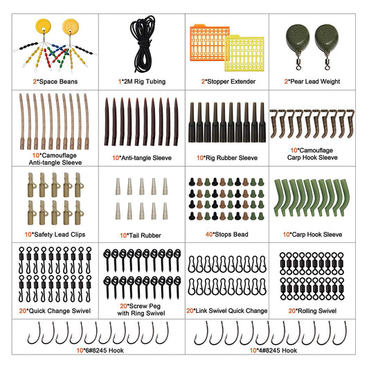 217pcs Carp Fishing Tackle Set Carp Fishing Tackle Box Anti Tangle Sleeve Line Aligner Bait Screws Carp Hooks Carp Weights for Bait Making Fishing Accessories