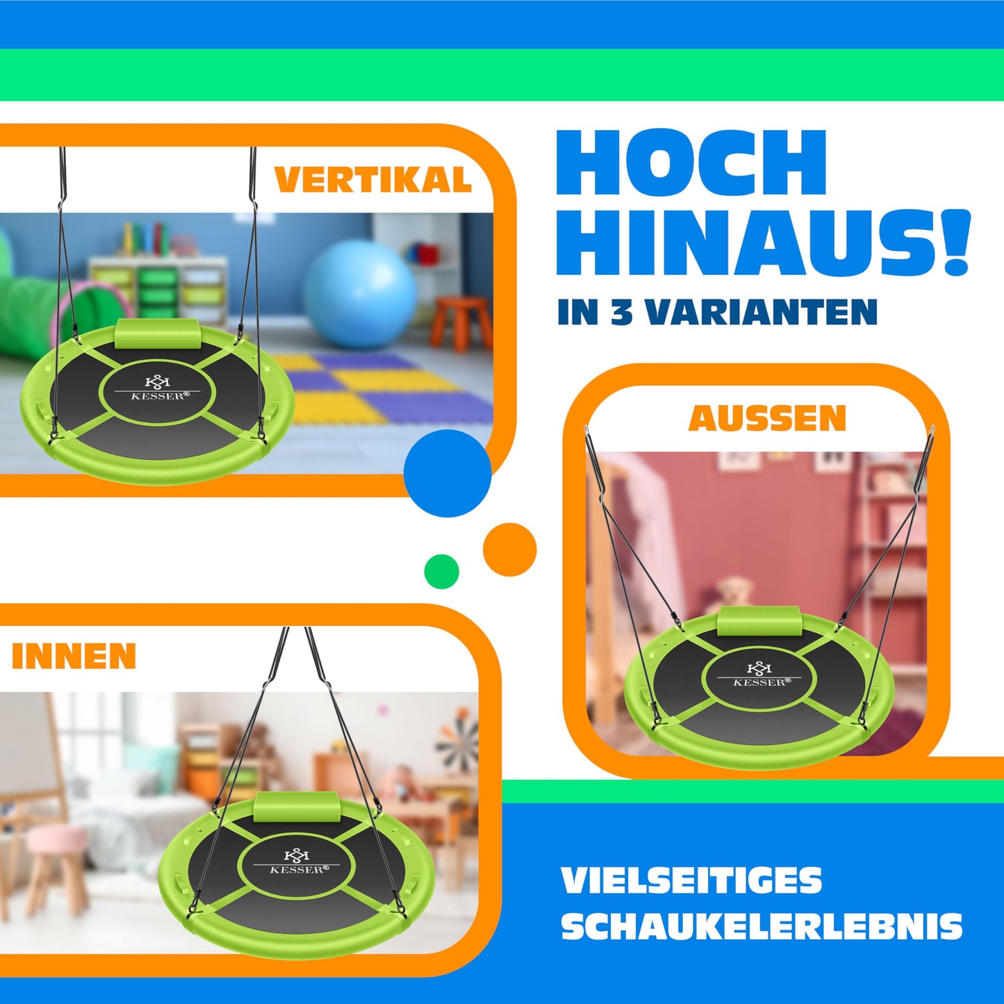 KESSER® Nest Swing Plate Swing Hanging Swing Round Swing Ø 100cm Swing load capacity up to 300kg with cushion & 4 handles adjustable Kids Swing Indoor & Outdoor for Children & Adults Green