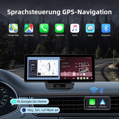 NVKHG Wireless CarPlay for CarPlay/Android Auto, featuring a 9.3-inch CarPlay touchscreen, dual camera, 4K+1080P dashcam & rearview camera, with AUX IN/Bluetooth/FM/GPS/Siri/Google Assistant.