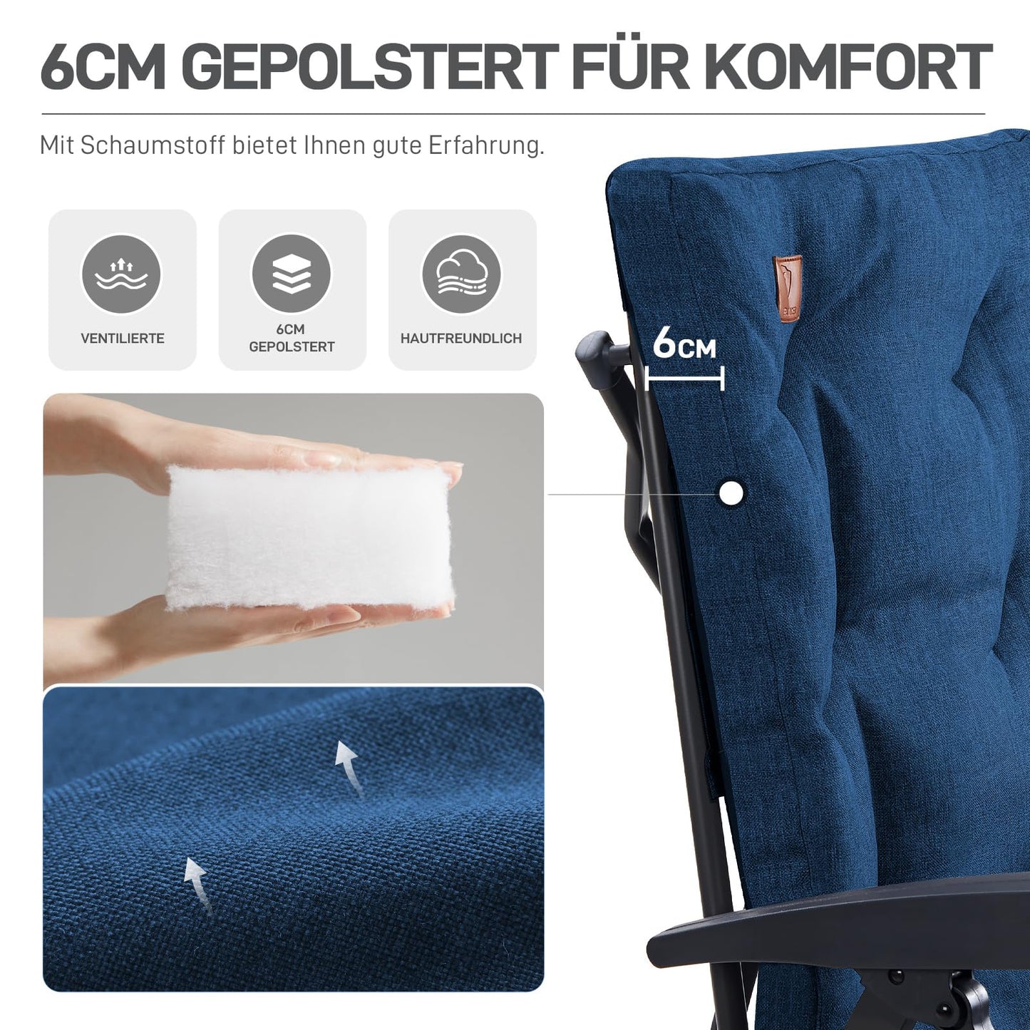 EVER ADVANCED Folding Camping Chair with 4-Position Adjustable Backrest, up to 150 KG Capacity. Padded with 6cm thickness, featuring a side pocket and cup holder. High backrest for camping, garden, or balcony use.