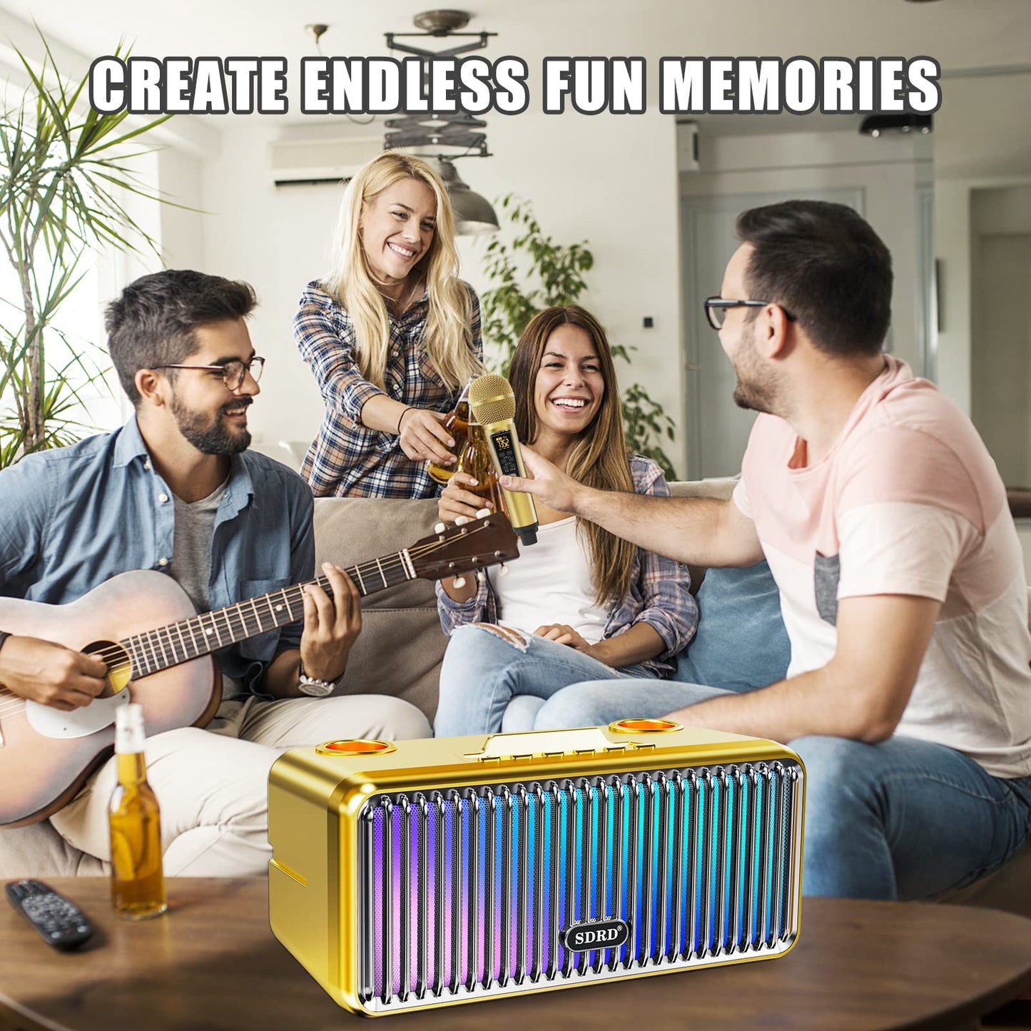 Karaoke machine for adults and kids, portable Bluetooth speakers with 2 UHF wireless microphones Karaoke speaker PA system with colorful gradient LED lights for home parties - Gold