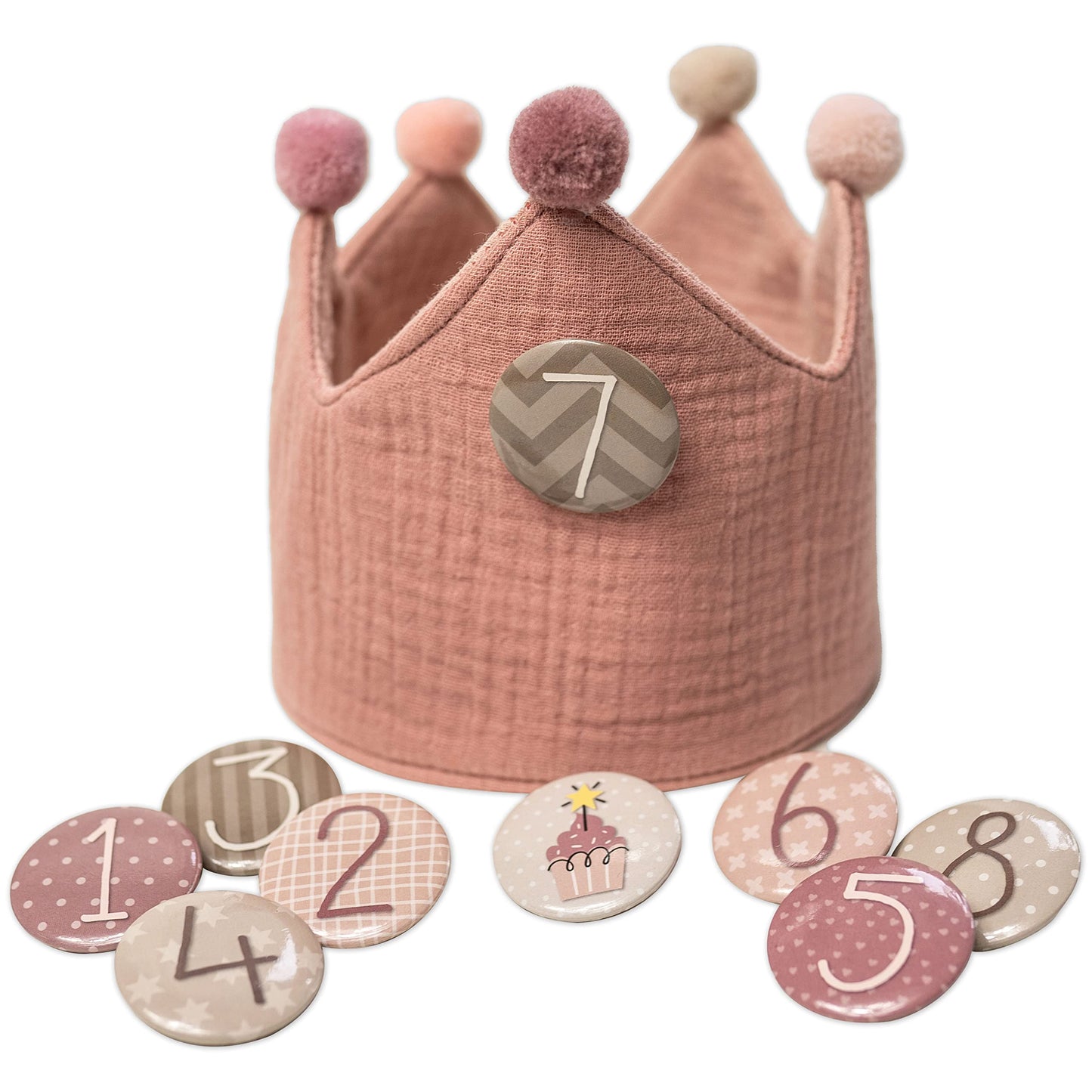 Paper Dragons Birthday Crown Muslin with Numbers - Pink - for Children's Birthday - Crown made of muslin fabric with button numbers from 1-8 | Party decoration hat for boys & girls