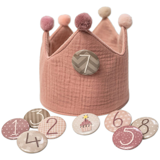 Paper Dragons Birthday Crown Muslin with Numbers - Pink - for Children's Birthday - Crown made of muslin fabric with button numbers from 1-8 | Party decoration hat for boys & girls