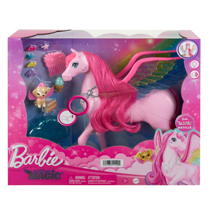Barbie Hidden Magic Pegasus - Interactive toy with lights and sounds, 10 accessories, rainbow wings, for children 3+. Item number HLC41.