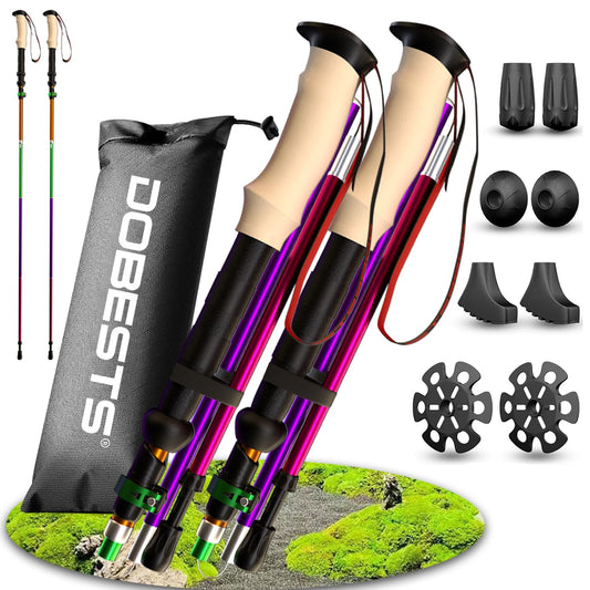 DOBESTS hiking poles, aluminum Nordic walking poles with extra rubber tips and carrying bag. Foldable lightweight trekking poles for men and women. Adjustable hiking stick 110cm-130cm (cork handle-colorful)