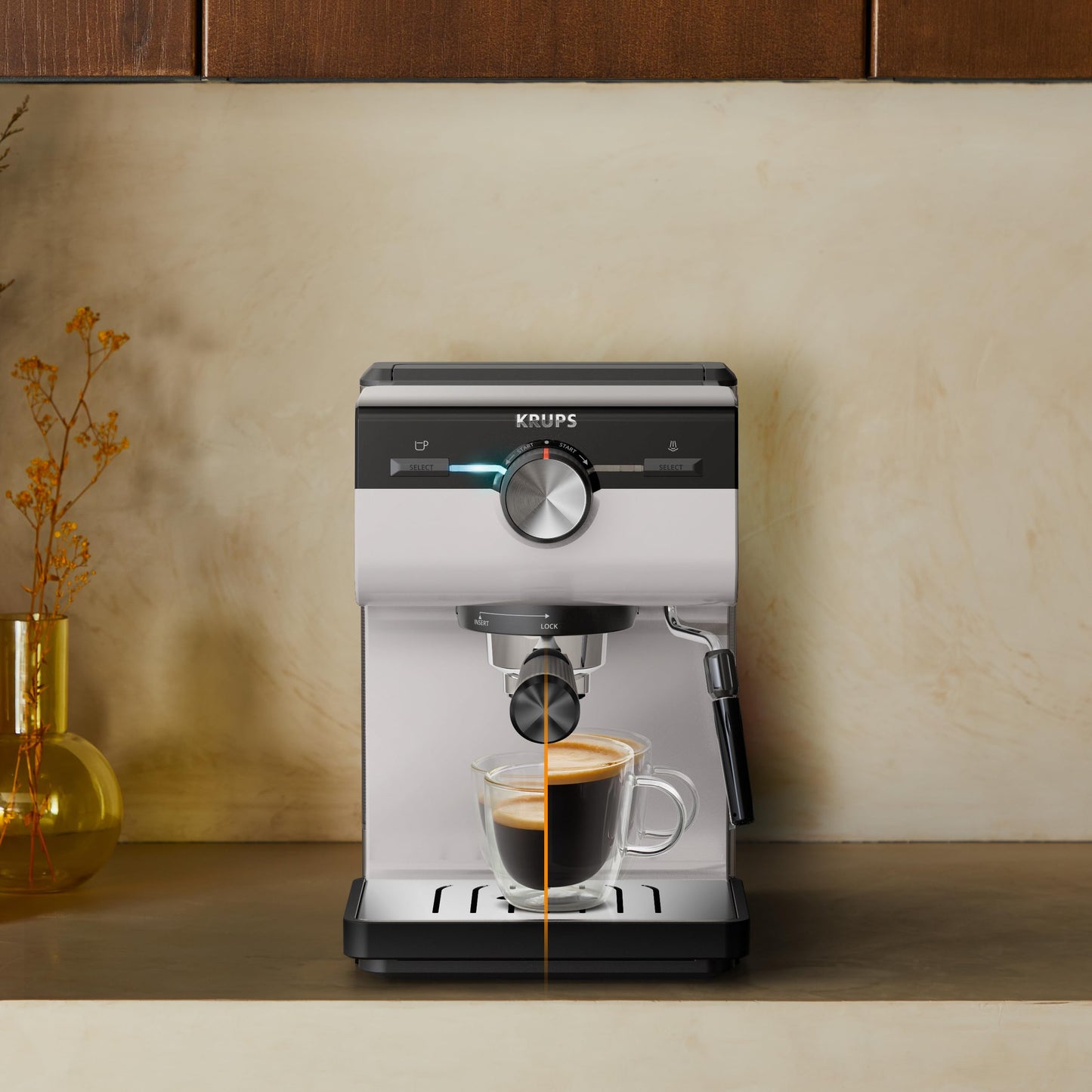 KRUPS Authentic Espresso Machine, 15 bar, intuitive operation, refined design, integrated steam wand, 2L water tank, accessories included, Grey/Cream, XP381B10