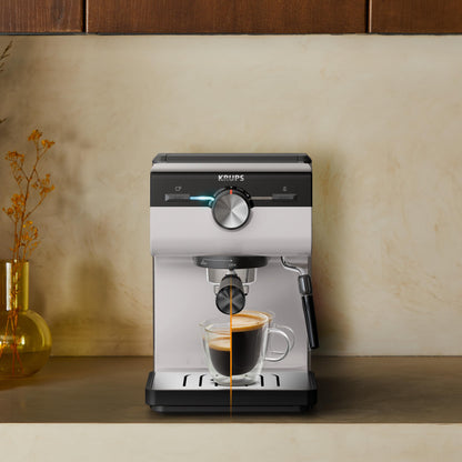 KRUPS Authentic Espresso Machine, 15 bar, intuitive operation, refined design, integrated steam wand, 2L water tank, accessories included, Grey/Cream, XP381B10