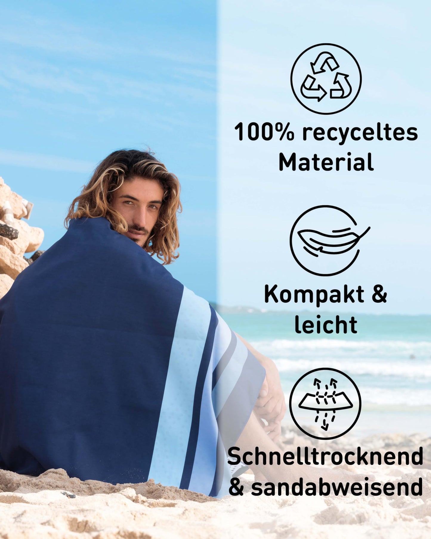 Fit-Flip beach towel XXL - microfiber bath towel - beach towels lightweight and fast-drying - 100% recycled microfiber towel - beach towel for swimming (Clean Stripes 200x90cm)