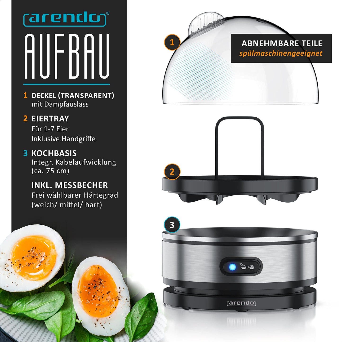 Arendo Sevencook egg cooker 400 W - stainless steel design - cooks 1-7 eggs - on/off switch - 3 cooking levels - keep warm function - signal tone - BPA-free - silver