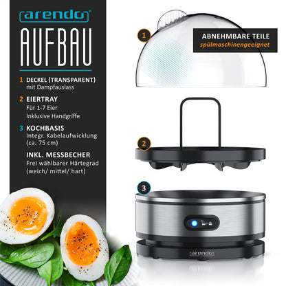 Arendo Sevencook egg cooker 400 W - stainless steel design - cooks 1-7 eggs - on/off switch - 3 cooking levels - keep warm function - signal tone - BPA-free - silver