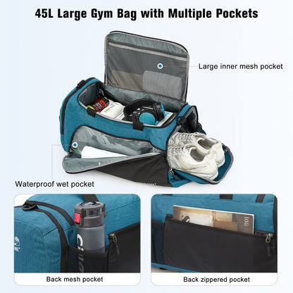 G4Free 45L Large Sport Bag & Travel Bag for Men and Women/with Shoe Compartment & Wet Pocket/Training Bag & Gym Bag & School Sports Bag/for School & Sports & Fitness & Travel, Peacock Blue/Black