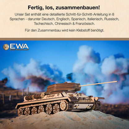 EWA Eco-Wood-Art 3D Puzzle for Adults 3D wooden puzzle with rubber band motor, wheels, and rotating cannon 965 pieces DIY wooden tank model kit T-34-85 for adults and teenagers 14+