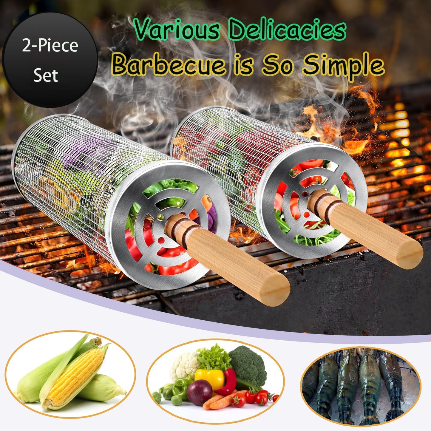 Rolling grill basket, stainless steel grill basket vegetable grilling accessory. 304 stainless steel with detachable wooden handles. Outdoor cooking camping outdoor kitchen grill rack (2 pieces).