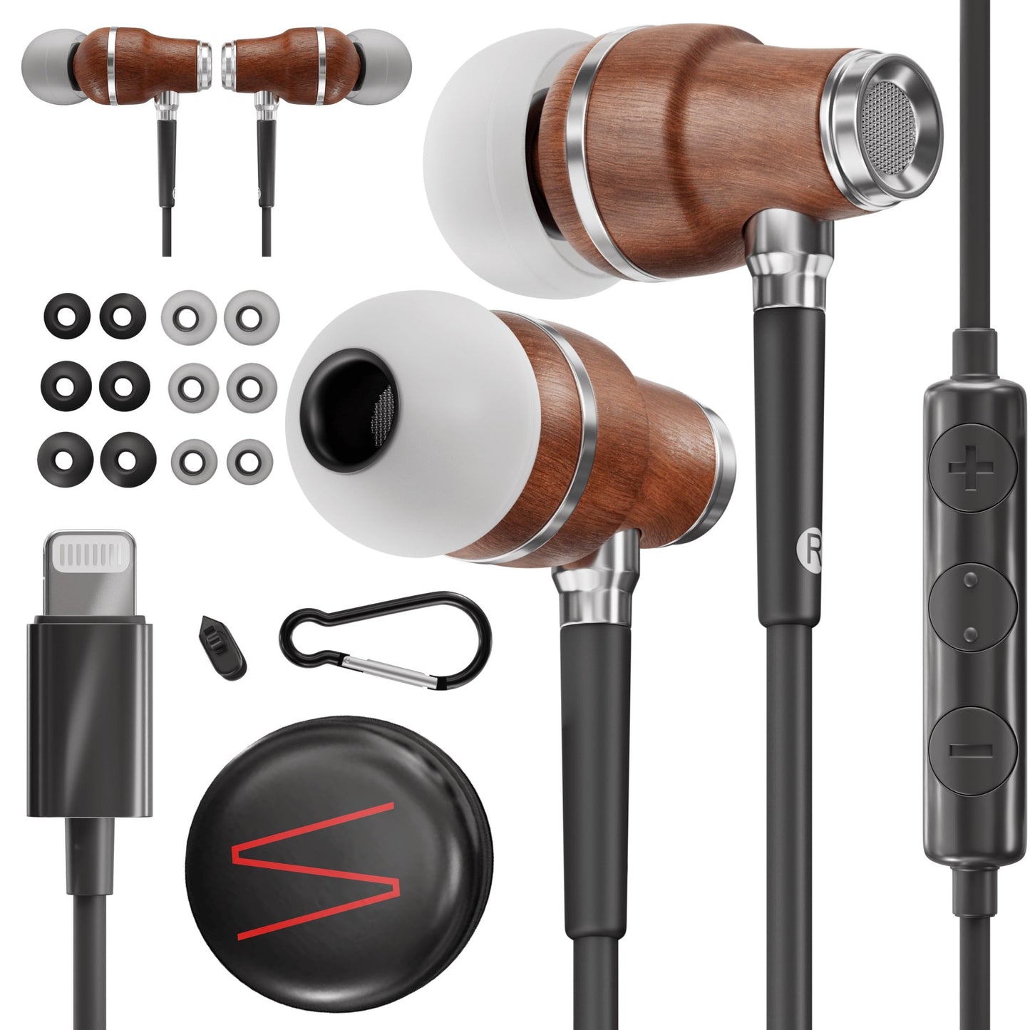 Symphonized® iPhone headphones with Apple MFI certification, wired headphones for iPhone, noise-cancelling in-ear headphones, 8mm bass, 3D sound from Bubinga wood, volume control for iPhone and iPad. NRG